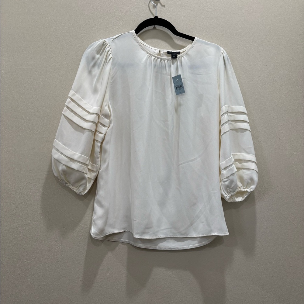 Ann Taylor Boxy White and Tan Blouse with Relaxed Sleeves